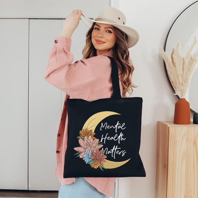 Mental Health Matters Floral Moon Canvas Tote Bag