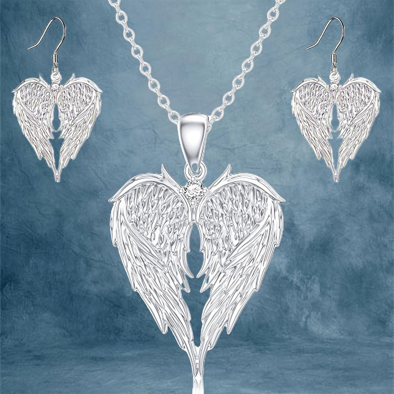 Angel Wings Heart-Shaped Pendant Necklace And Earrings Set