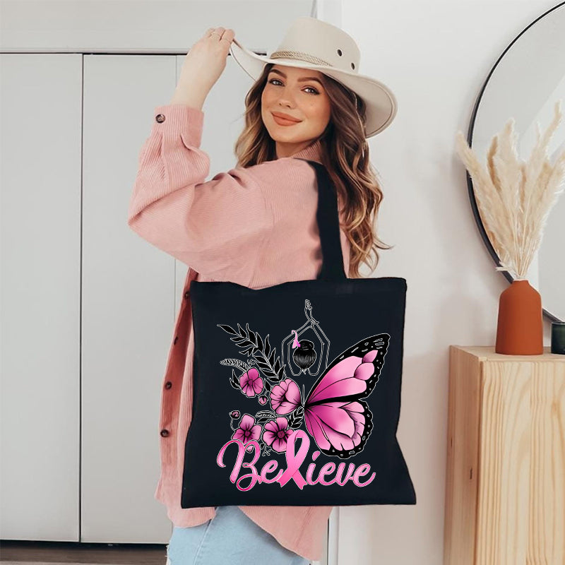Pink Ribbon Butterfly Canvas Tote Bag
