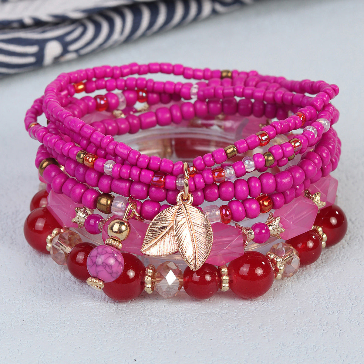 Bohemian Multi-Layered Beaded Bracelet With Leaf Pendant