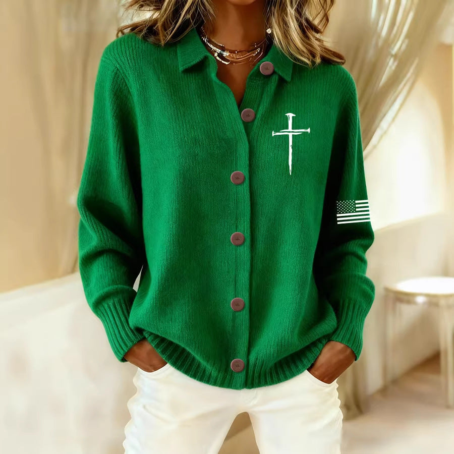 Cross Flag Green Women's Collared Long-Sleeved Shirt