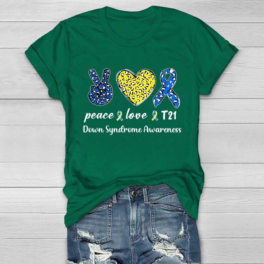 Peace Love T21 Blue Yellow World Down Syndrome Awareness Healthwear T-shirt