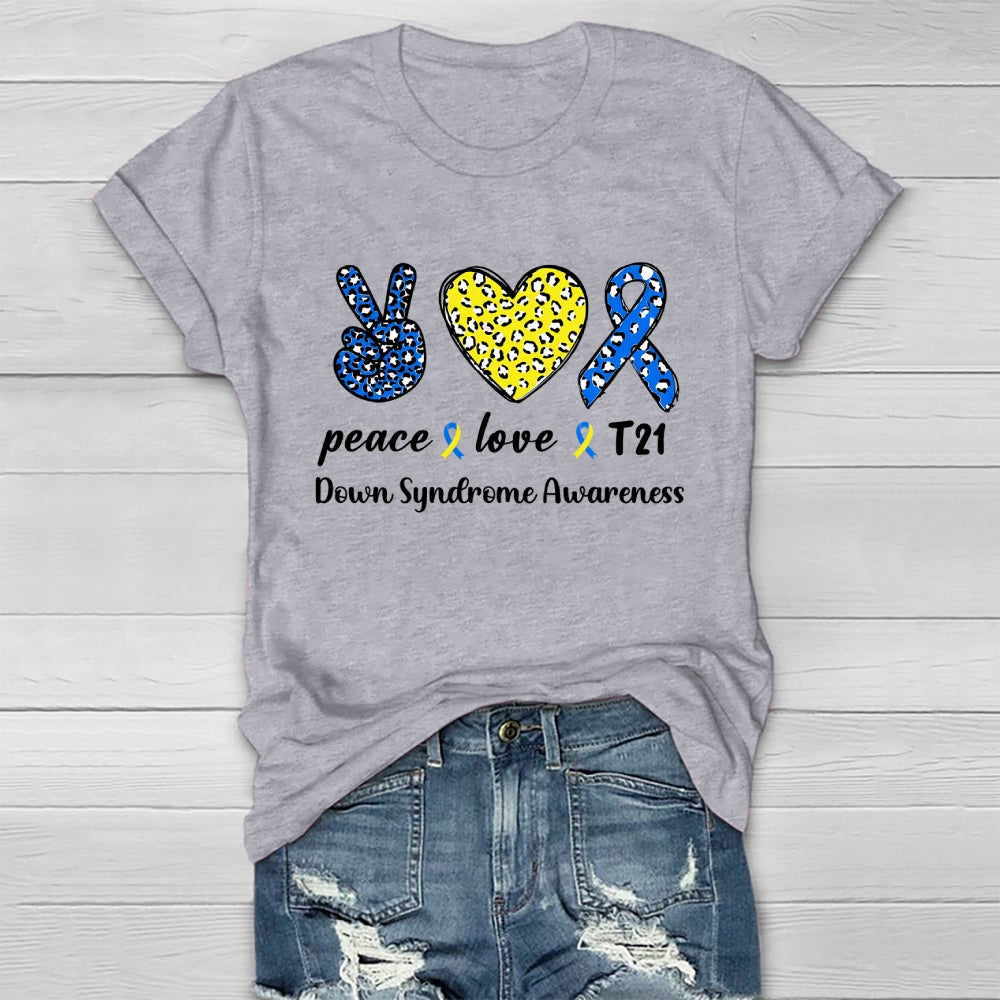 Peace Love T21 Blue Yellow World Down Syndrome Awareness Healthwear T-shirt