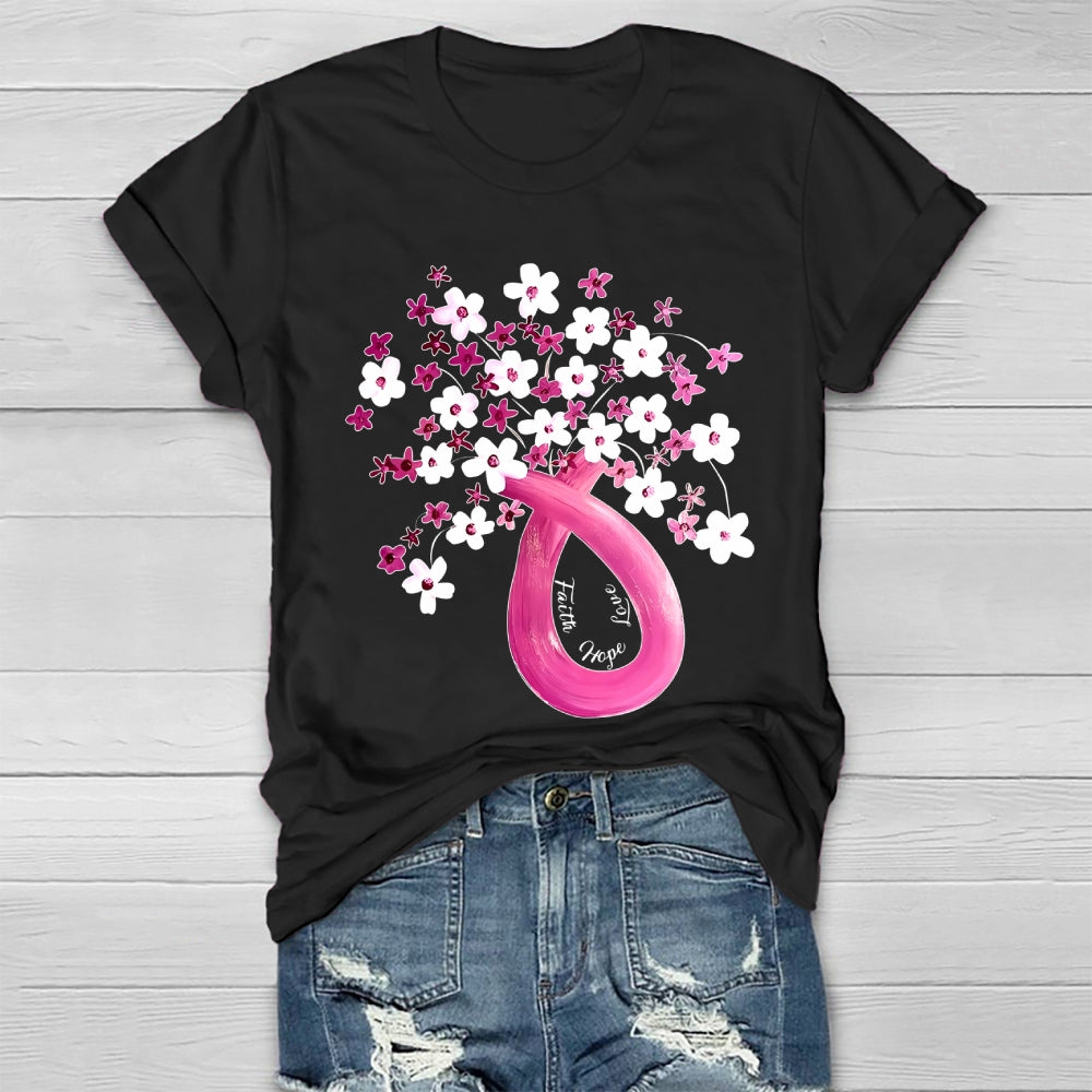 Faith Hope Love Pink Ribbon Flowers Healthwear T-shirt