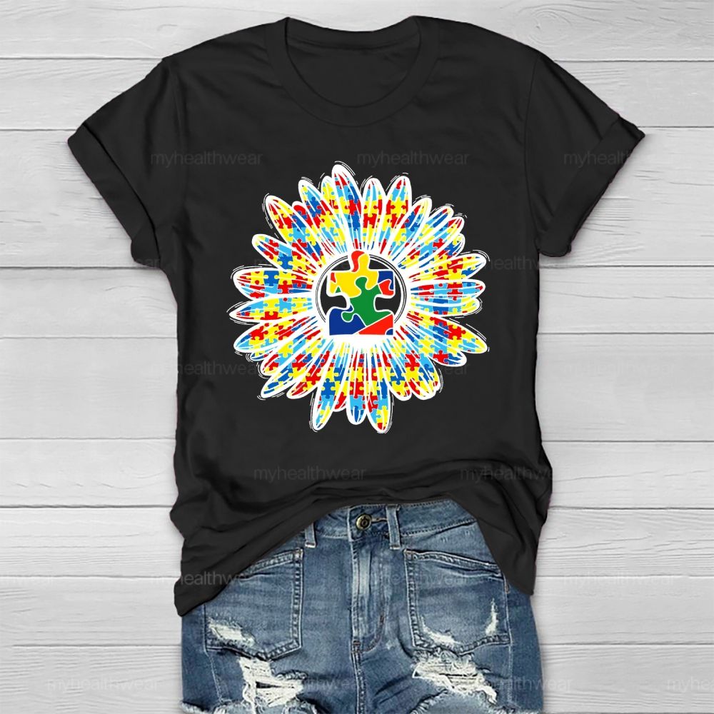 Autism Sunflower Colorful Puzzle Healthwear T-shirt