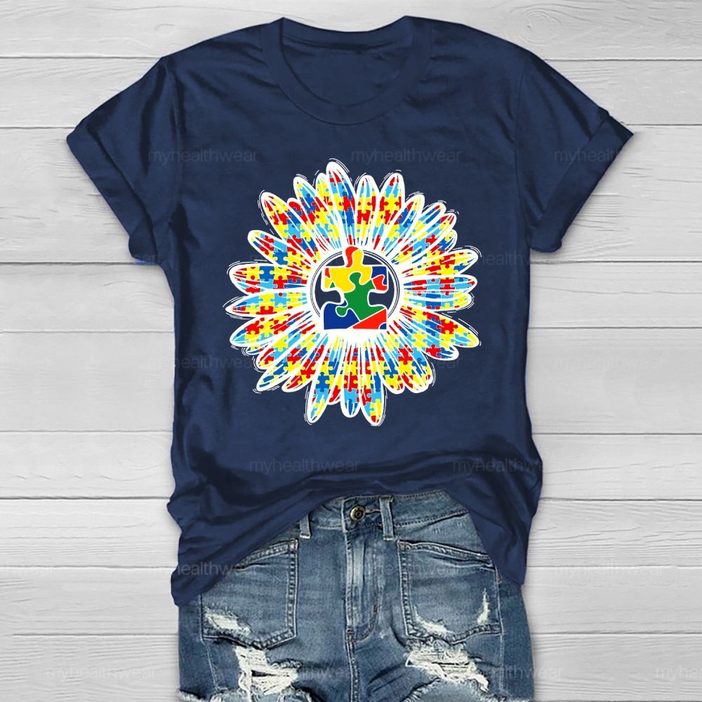 Autism Sunflower Colorful Puzzle Healthwear T-shirt