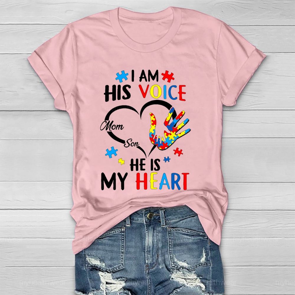 I Am His Voice He Is My Heart Autism Awareness Mom Son Healthwear T-shirt
