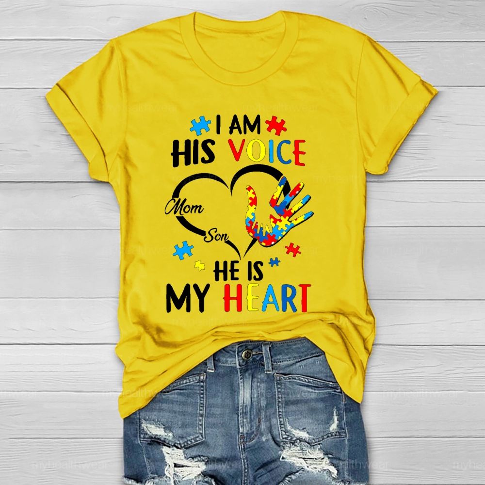I Am His Voice He Is My Heart Autism Awareness Mom Son Healthwear T-shirt