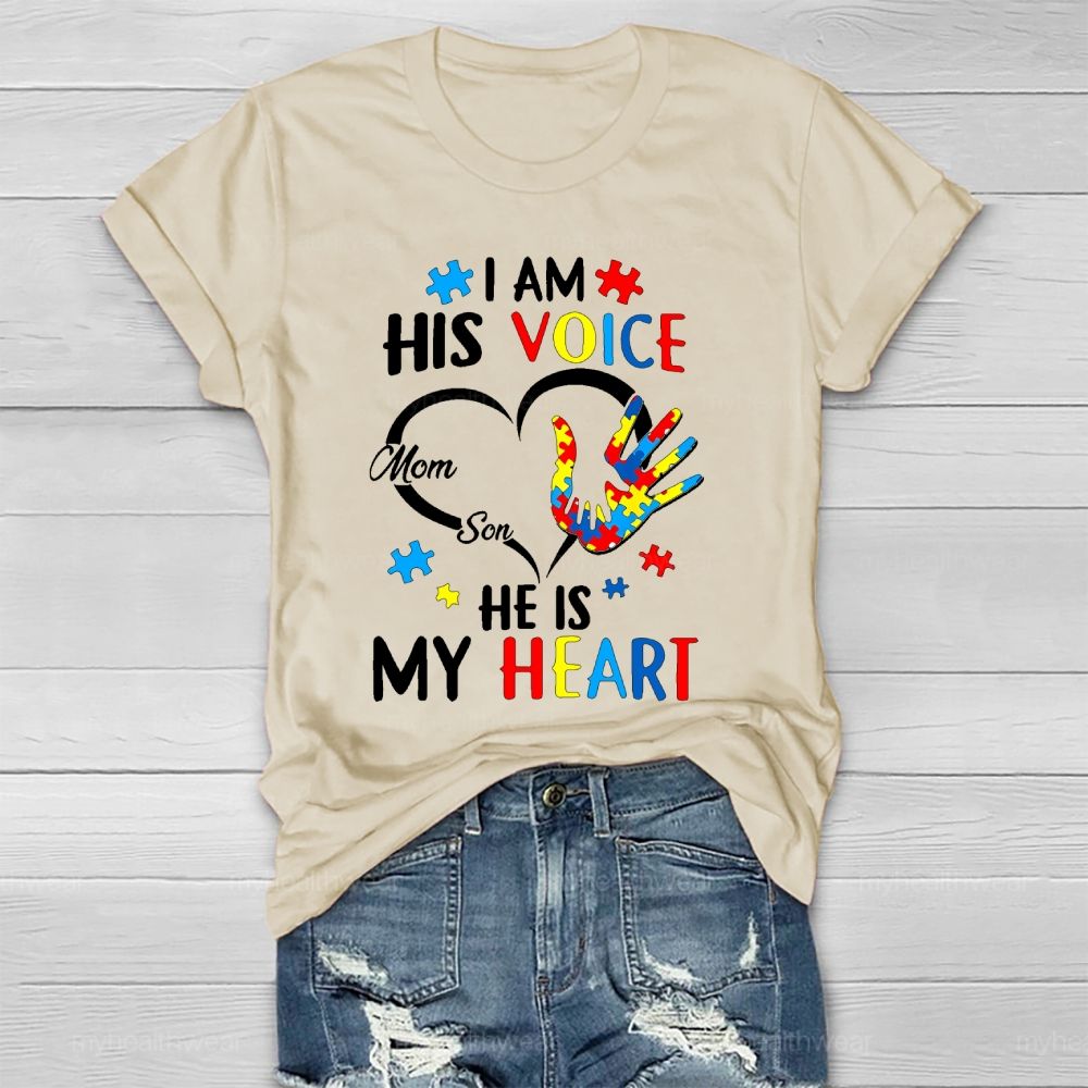 I Am His Voice He Is My Heart Autism Awareness Mom Son Healthwear T-shirt