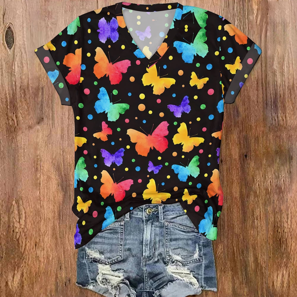 Colorful Butterfly Polka Dots V Neck T-shirt