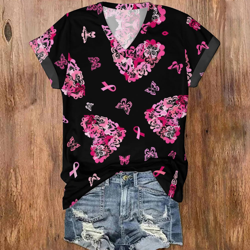 Pink Ribbon Butterfly Heart V Neck T-shirt