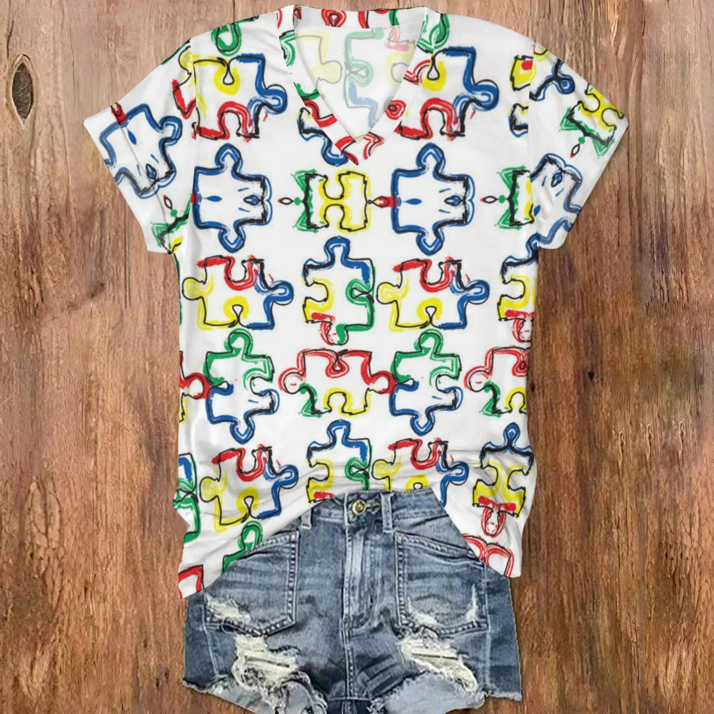 Colorful Puzzle V Neck T-shirt