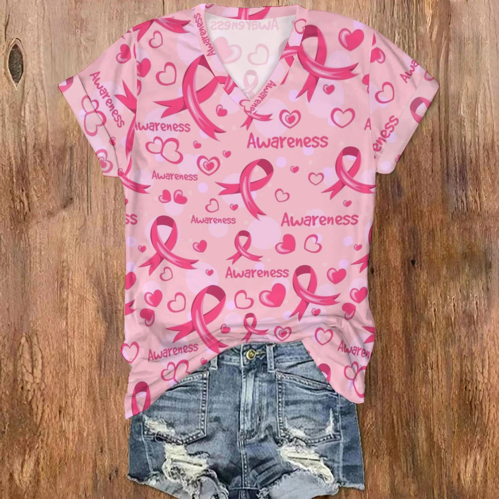 Breast Cancer Awareness Pink Ribbon V Neck T-shirt