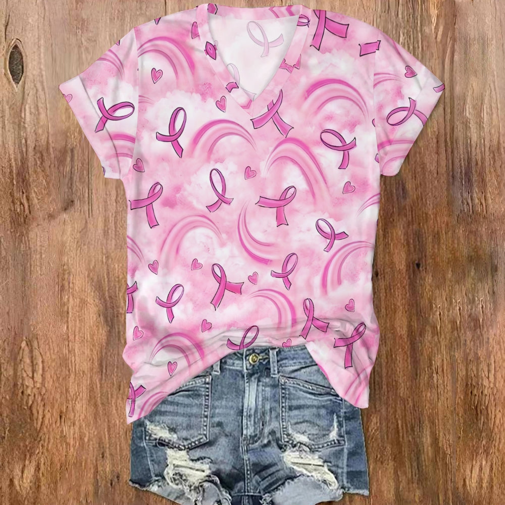 Pink Ribbon Heart Rainbow V Neck T-shirt