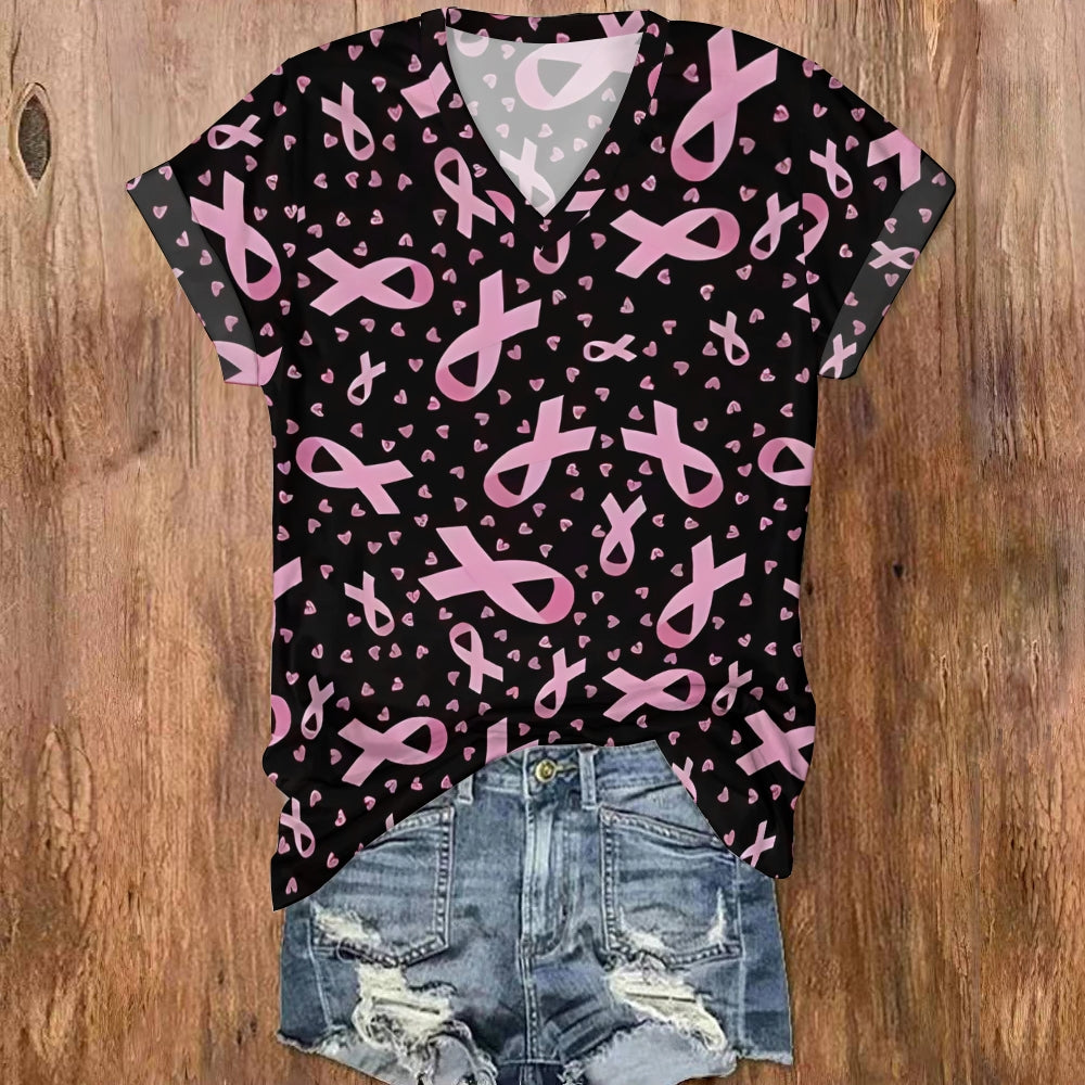 Pink Ribbon Heart V Neck T-shirt