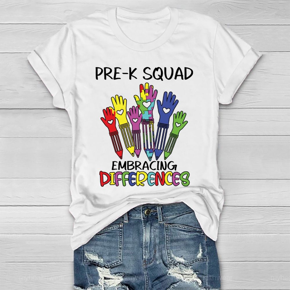 Pre-K Squad Embracing Differences Colorful letter Healthwear T-shirt