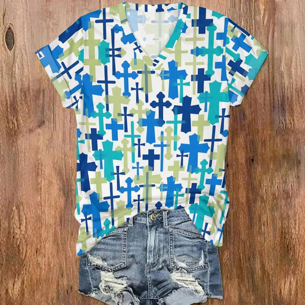 Cross Graphic V Neck T-shirt