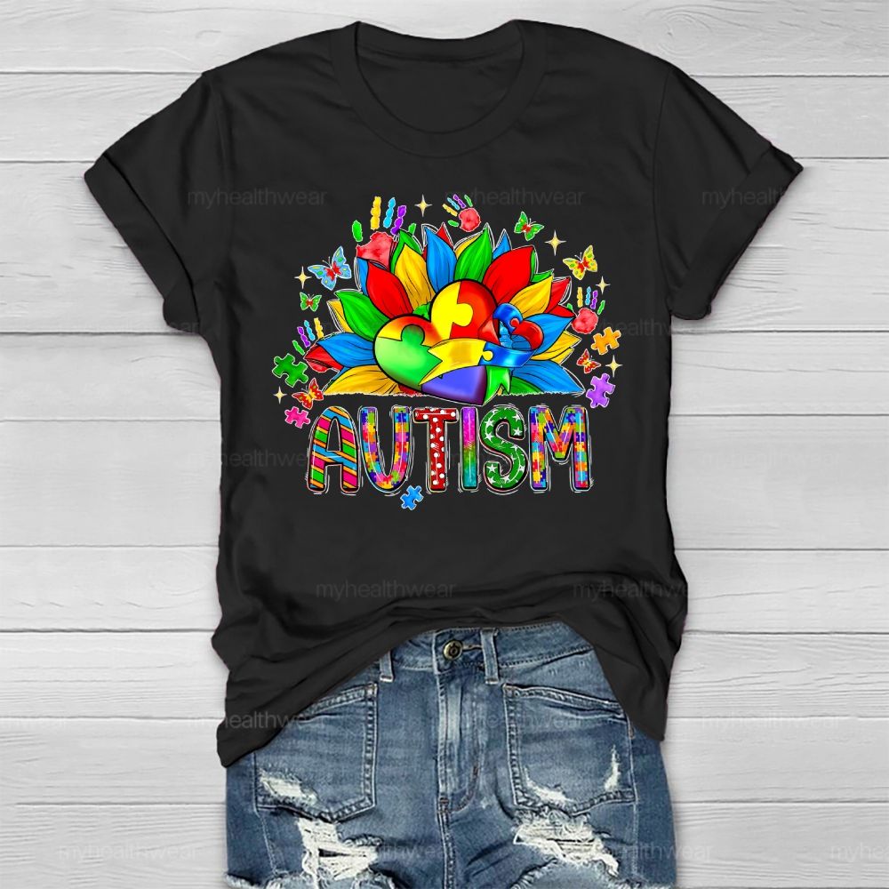 Autism Sunflower Heart Puzzle Healthwear T-shirt