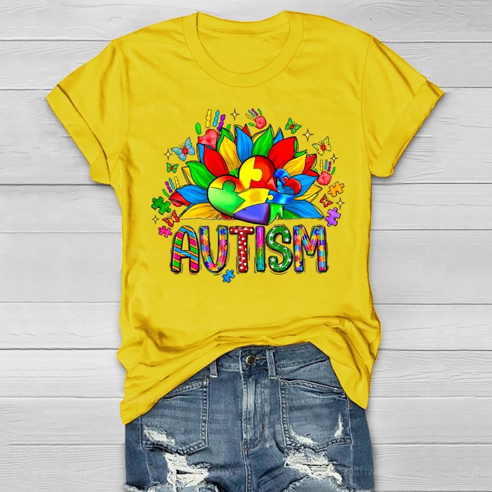 Autism Sunflower Heart Puzzle Healthwear T-shirt