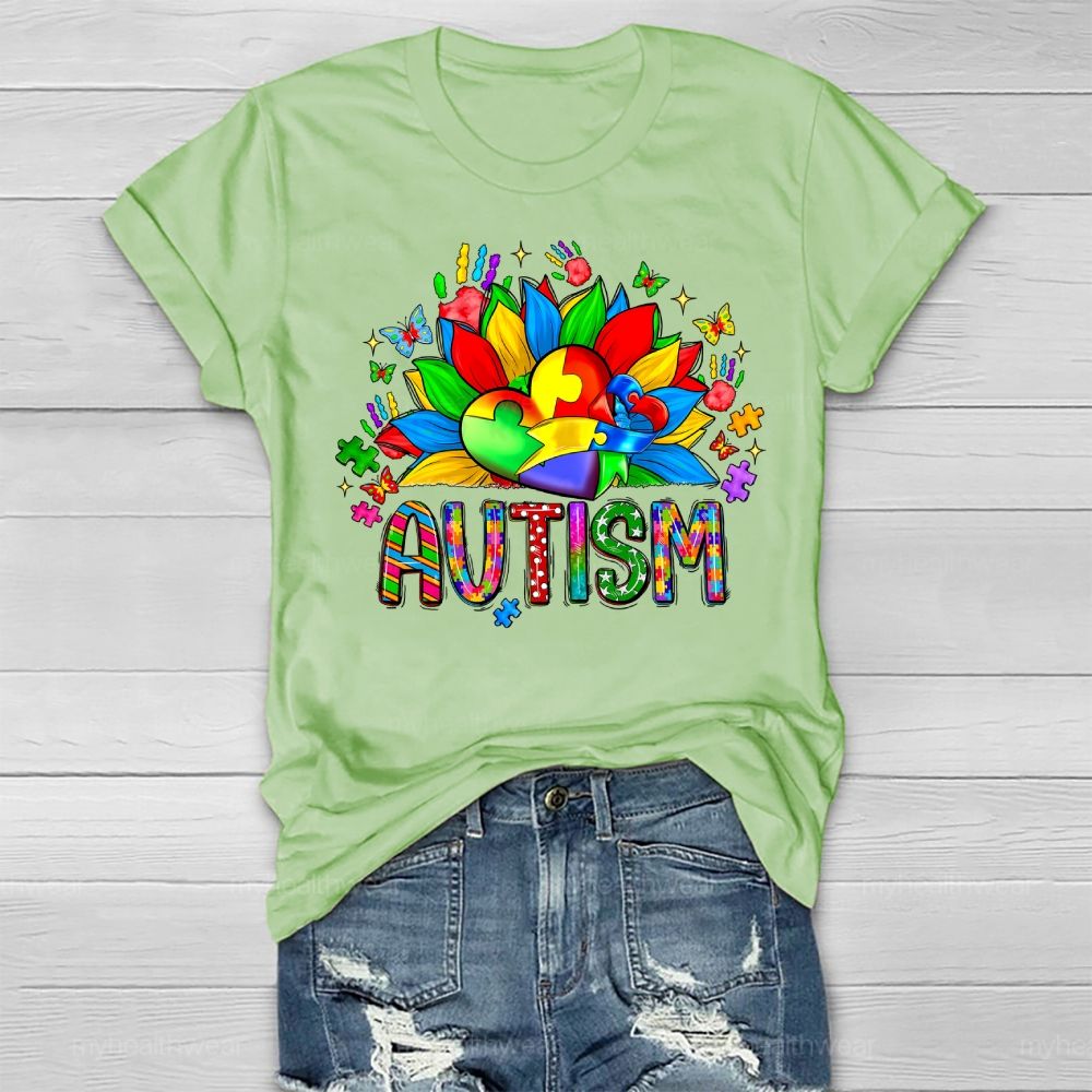 Autism Sunflower Heart Puzzle Healthwear T-shirt