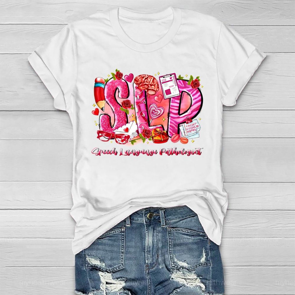 SLP Speech Language Pathologist Flower Pencil Heart Healthwear T-shirt
