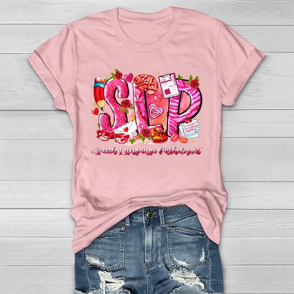 SLP Speech Language Pathologist Flower Pencil Heart Healthwear T-shirt