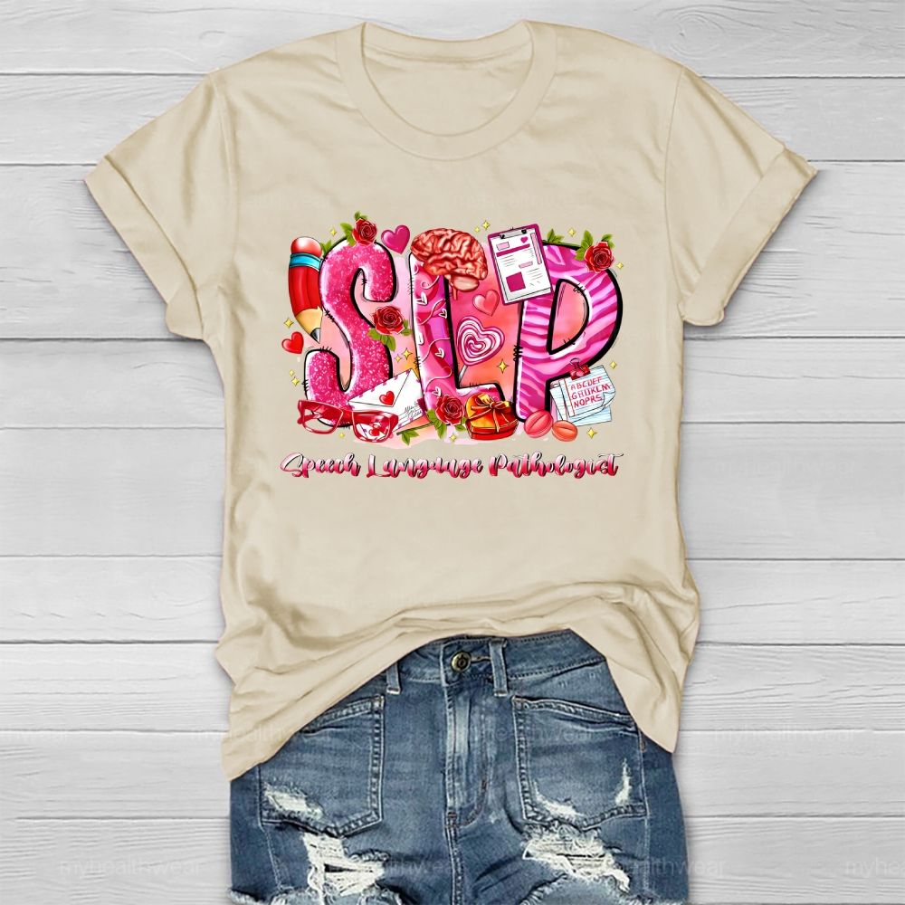 SLP Speech Language Pathologist Flower Pencil Heart Healthwear T-shirt
