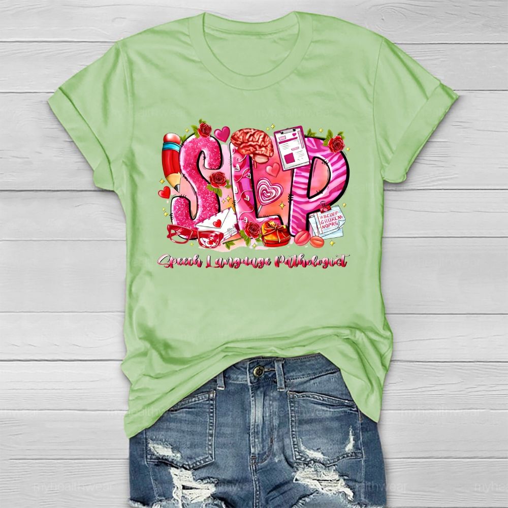 SLP Speech Language Pathologist Flower Pencil Heart Healthwear T-shirt