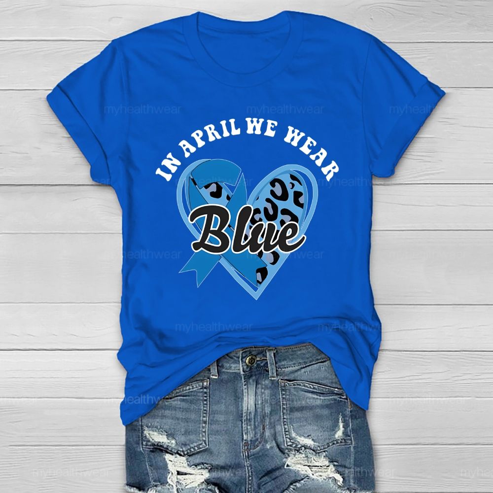 In April We Wear Blue Blue Ribbon Leopard Print Heart Healthwear T-shirt