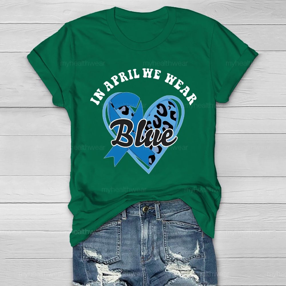 In April We Wear Blue Blue Ribbon Leopard Print Heart Healthwear T-shirt