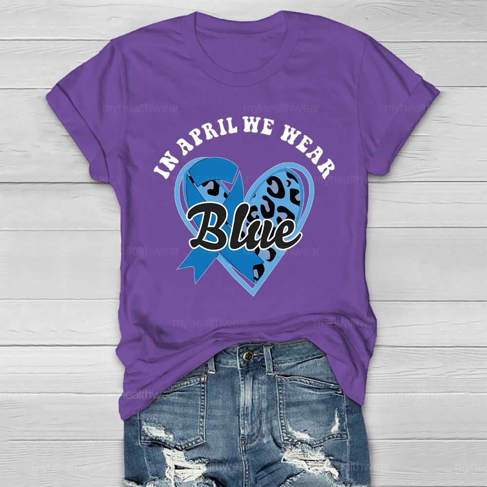 In April We Wear Blue Blue Ribbon Leopard Print Heart Healthwear T-shirt