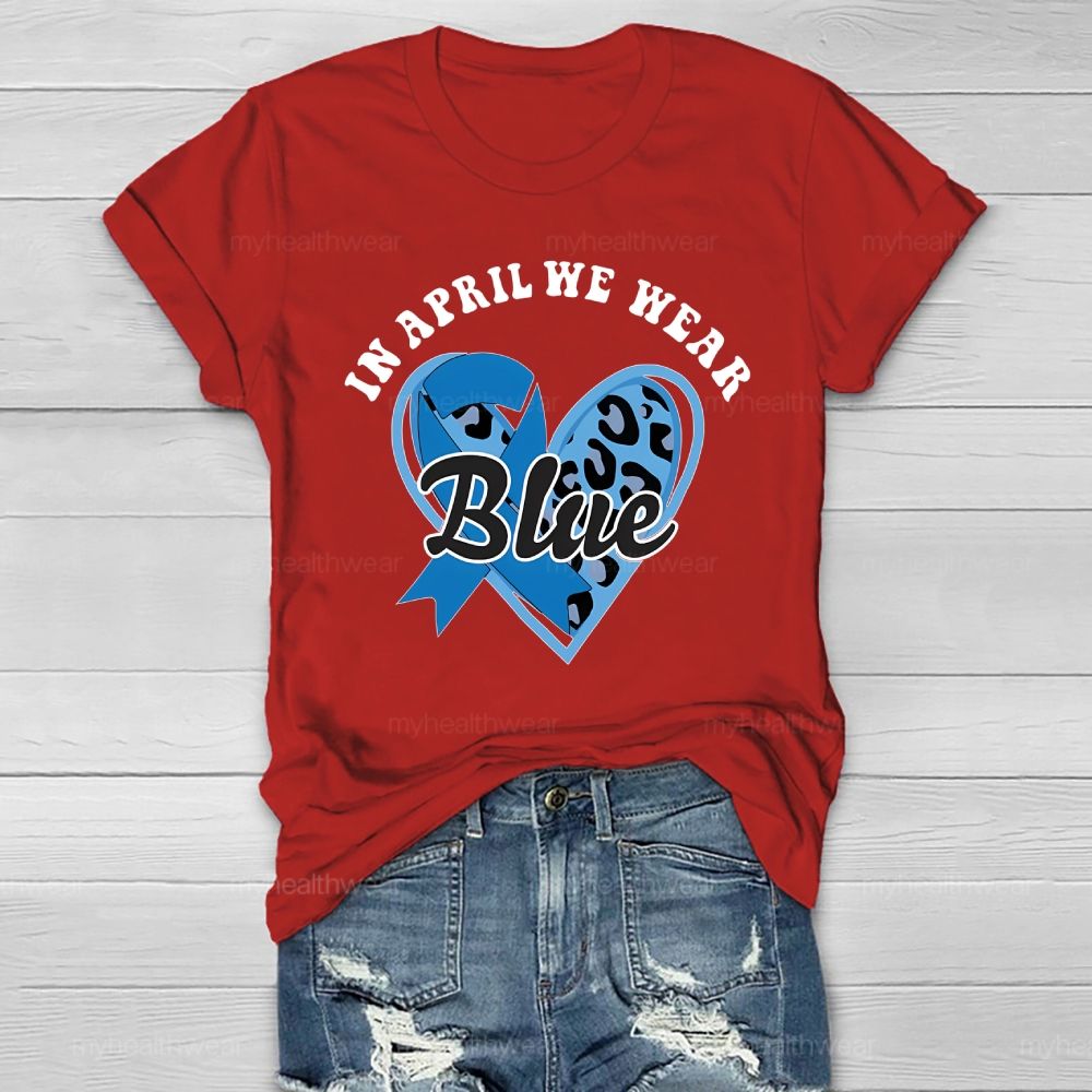 In April We Wear Blue Blue Ribbon Leopard Print Heart Healthwear T-shirt