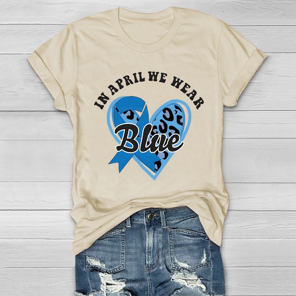 In April We Wear Blue Blue Ribbon Leopard Print Heart Healthwear T-shirt