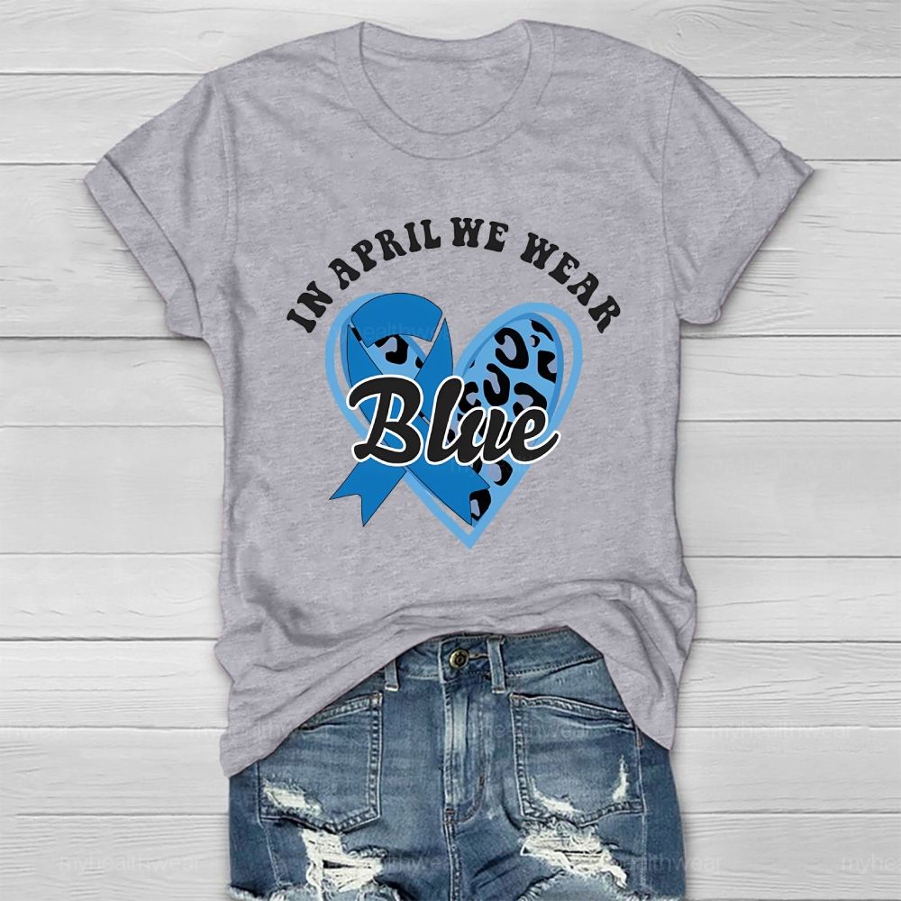 In April We Wear Blue Blue Ribbon Leopard Print Heart Healthwear T-shirt
