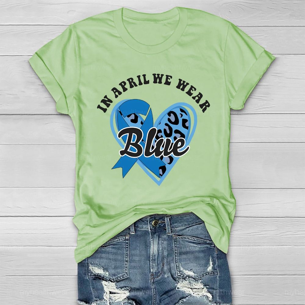 In April We Wear Blue Blue Ribbon Leopard Print Heart Healthwear T-shirt