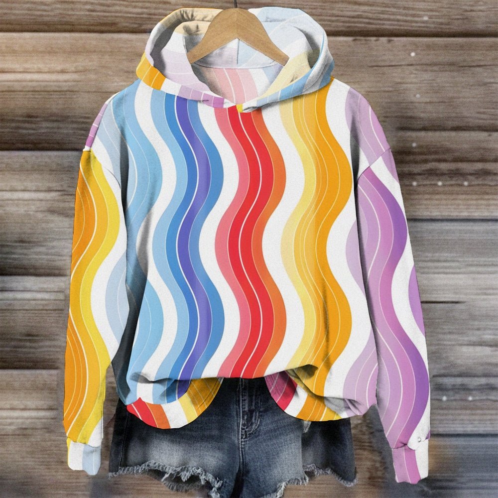 Gradient Color-Blocked Wavy Print Hoodie
