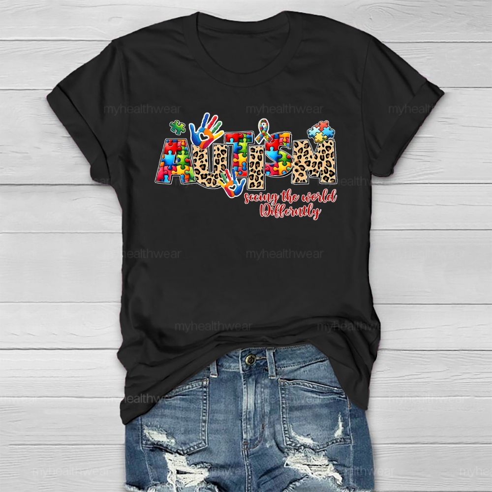 Autism Seeing The World Differently Leopard Print Letters Healthwear T-shirt