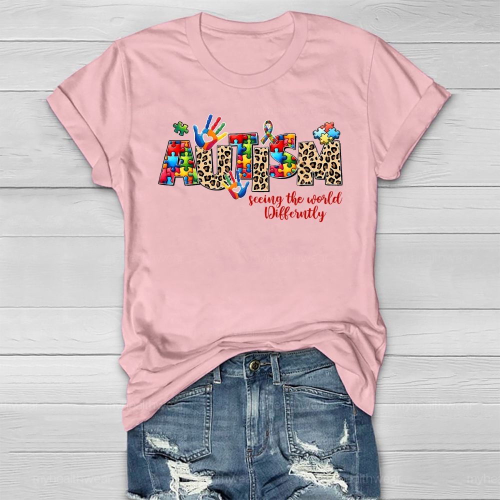 Autism Seeing The World Differently Leopard Print Letters Healthwear T-shirt