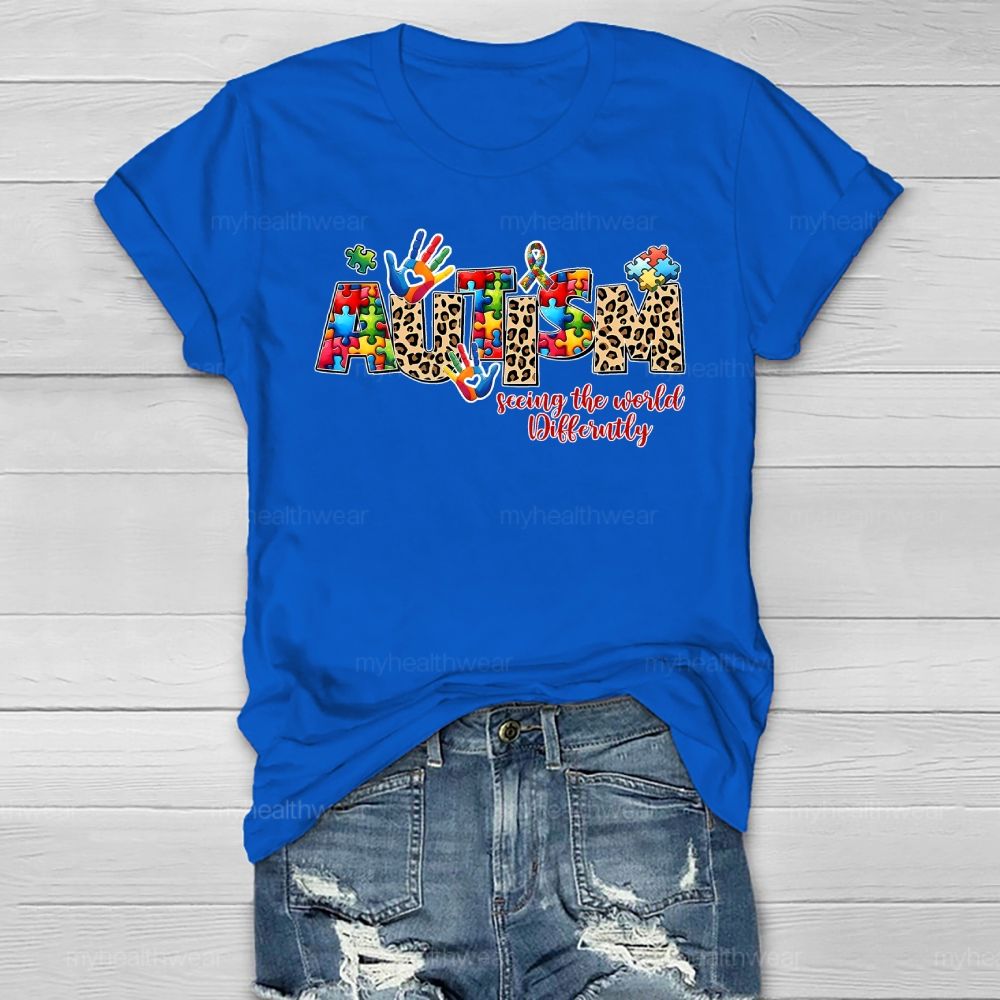 Autism Seeing The World Differently Leopard Print Letters Healthwear T-shirt