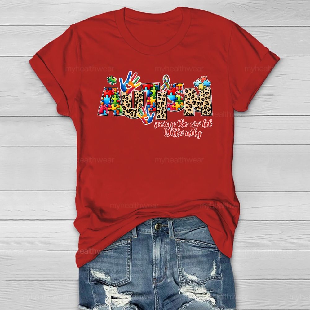 Autism Seeing The World Differently Leopard Print Letters Healthwear T-shirt