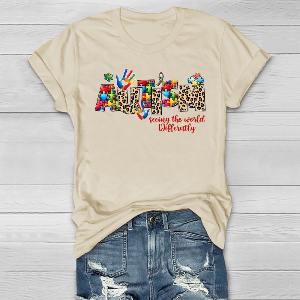 Autism Seeing The World Differently Leopard Print Letters Healthwear T-shirt
