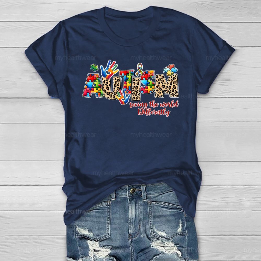 Autism Seeing The World Differently Leopard Print Letters Healthwear T-shirt