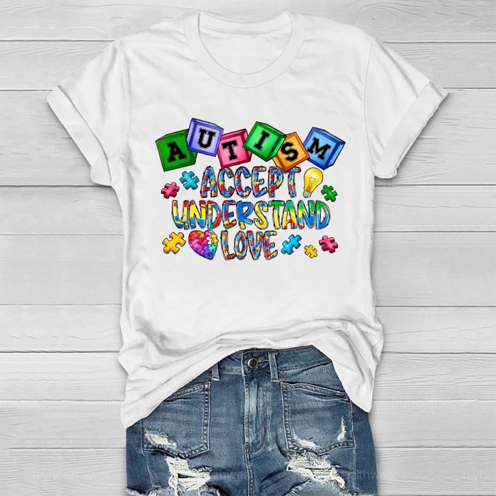 Autism Accept Understand Love Puzzle Piece Light Bulb Healthwear T-shirt