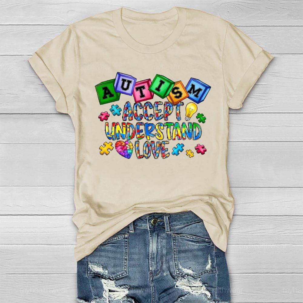 Autism Accept Understand Love Puzzle Piece Light Bulb Healthwear T-shirt