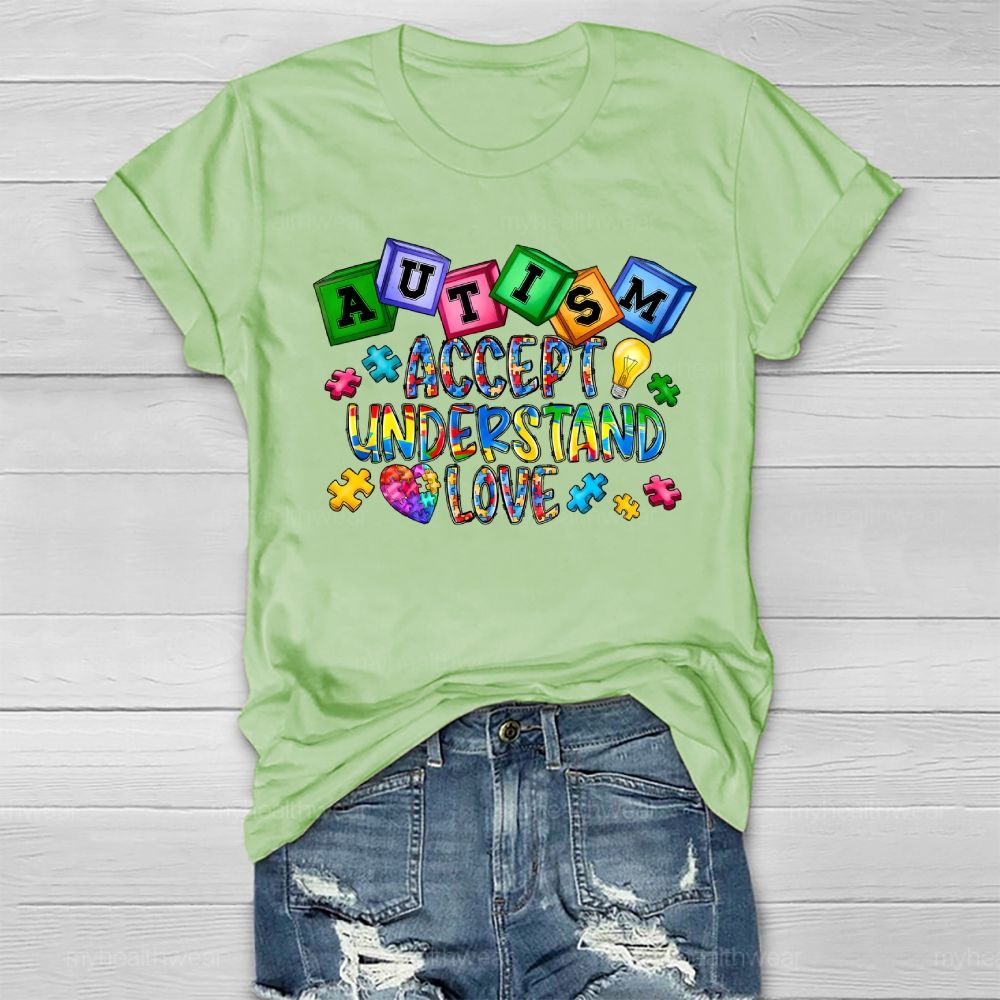 Autism Accept Understand Love Puzzle Piece Light Bulb Healthwear T-shirt
