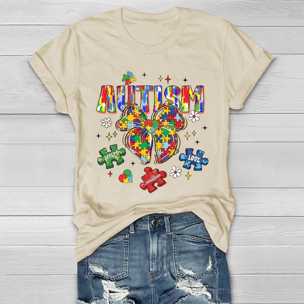 Autism Puzzle Ribbon Bow Healthwear T-shirt
