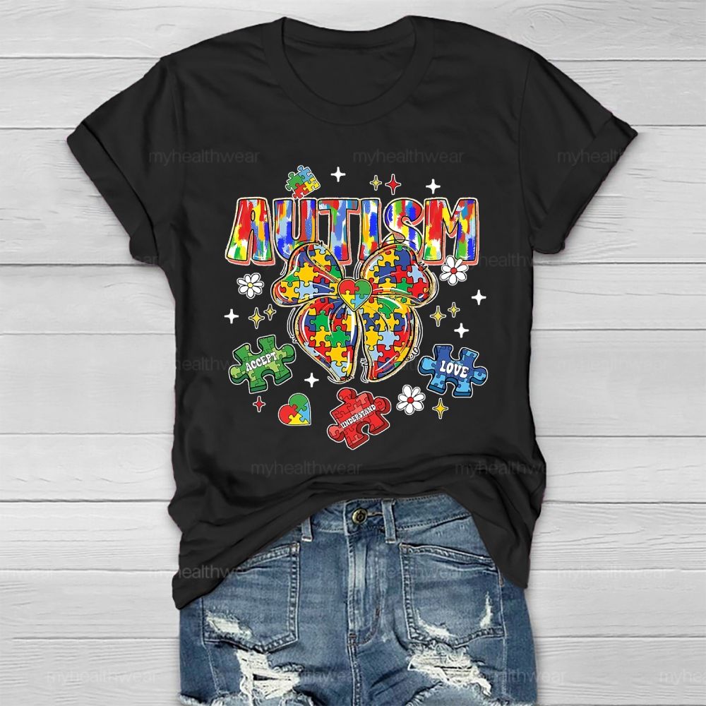 Autism Puzzle Ribbon Bow Healthwear T-shirt