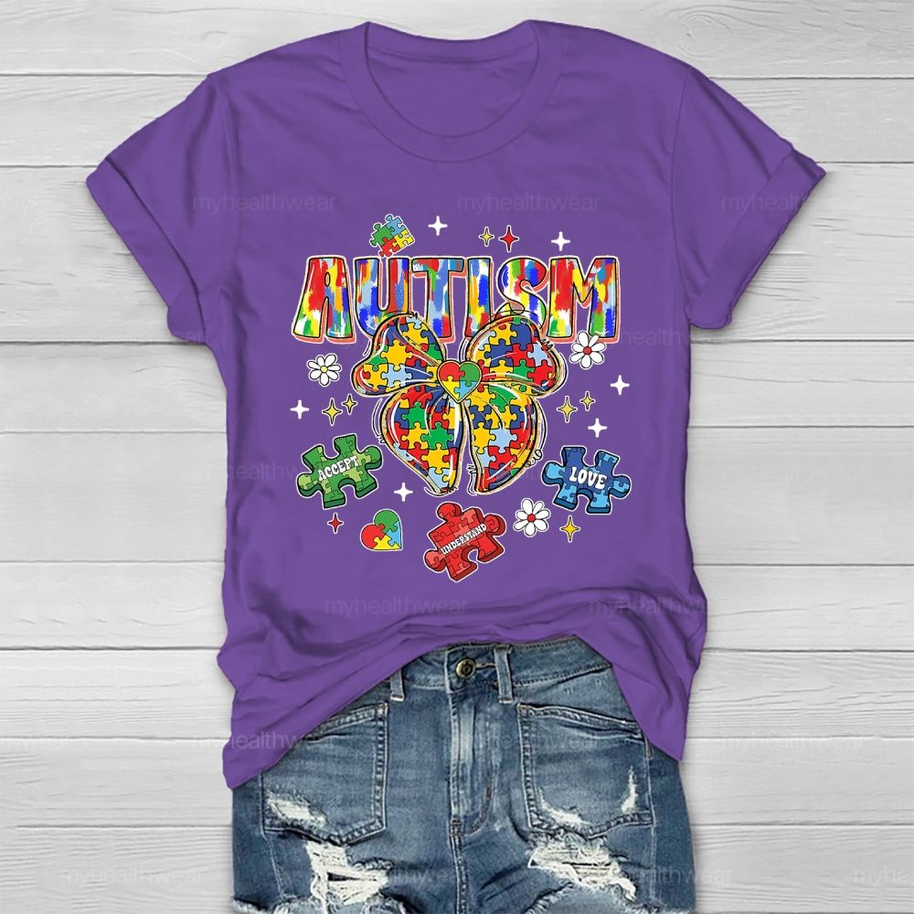Autism Puzzle Ribbon Bow Healthwear T-shirt