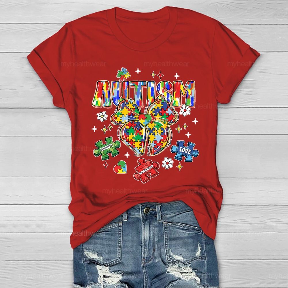 Autism Puzzle Ribbon Bow Healthwear T-shirt
