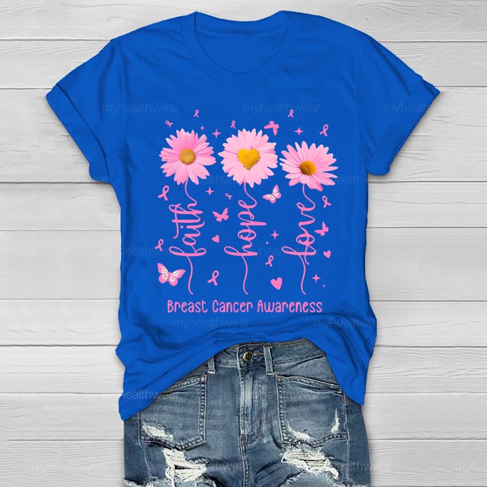 Faith Hope Love Breast Cancer Awareness Flowers Butterflies Hearts Healthwear T-shirt